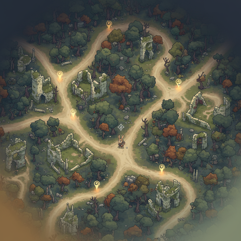 Aerial gameplay screenshot of Rabbit Road showing the Greywood Expanse open world map from above, with winding roads, ruined structures, dense woodland areas, and glowing waypoints spread across the terrain