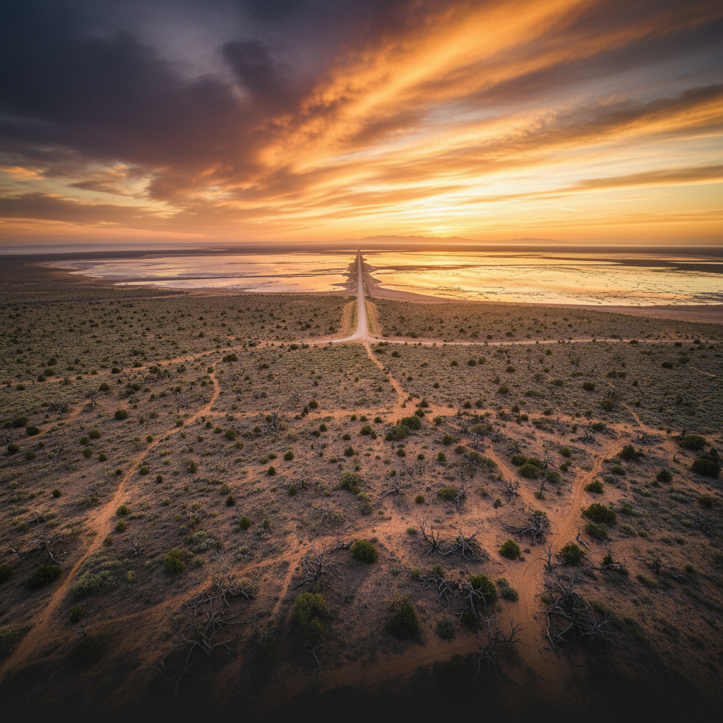 Panoramic overview of the Greywood Expanse in Rabbit Road, stretching from scrubland in the foreground to distant salt flats and a faint coastal horizon, bisected by a long straight dusty highway under a wide amber sky with dramatic cloud formations