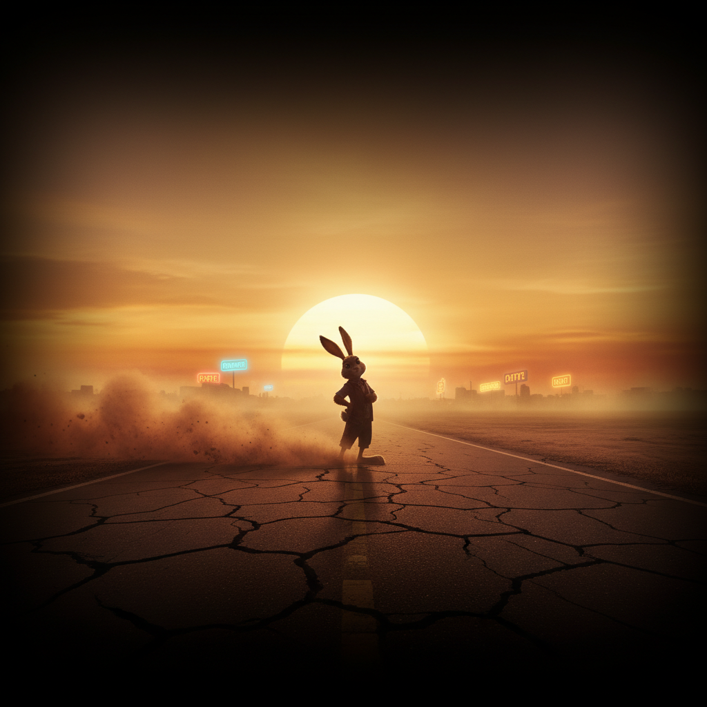 Rabbit Road key art: a lone rabbit protagonist silhouetted against a vast open road stretching to the horizon under a golden dusk sky, dust rising from cracked tarmac, distant neon signage barely visible through the haze