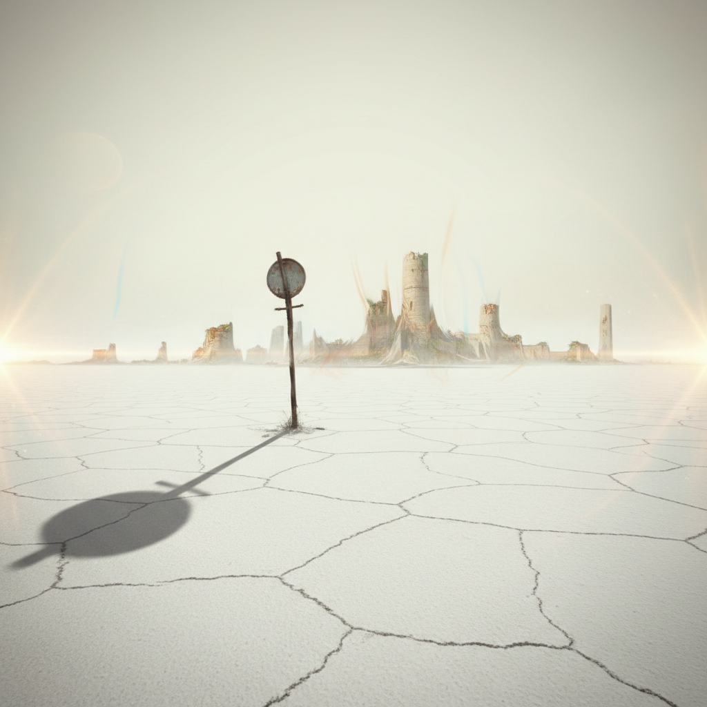 The Northmere Flats location in Rabbit Road: an endless expanse of white salt desert under a bleached sky, with crumbling structures barely visible in a heat shimmer on the horizon and the long shadow of a road sign stretching across the foreground