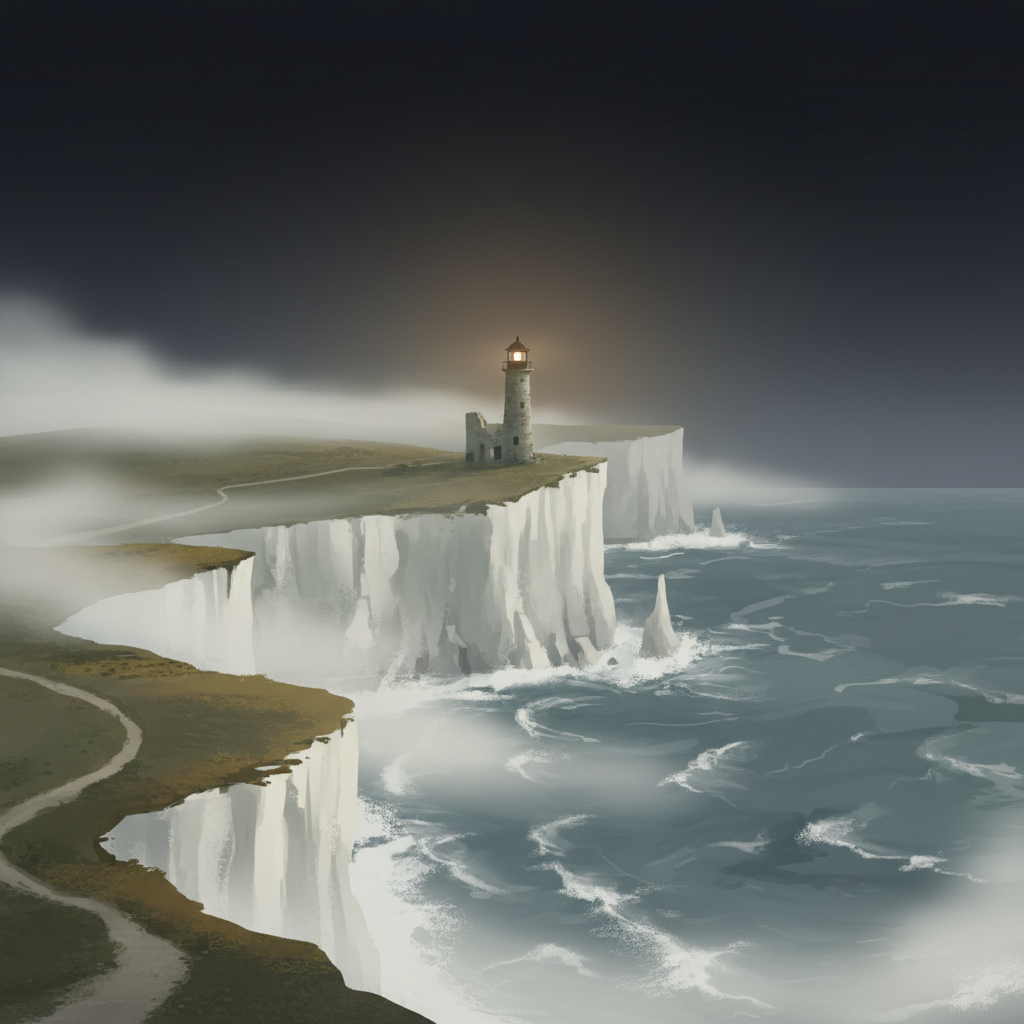 The Saltcliff Coast location in Rabbit Road: dramatic white chalk cliffs meeting a turbulent grey sea, thick fog rolling inland past a crumbling lighthouse with a faint light still blinking, a narrow coastal path visible along the clifftop