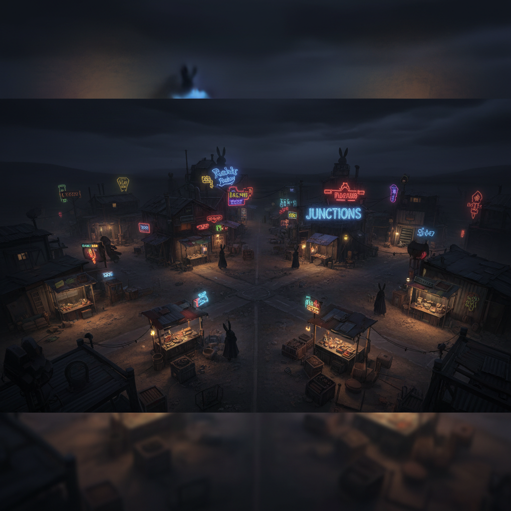 The Junctions location in Rabbit Road: a ramshackle crossroads settlement at night, lit by competing neon signs, with small stalls, shadowy characters, and roads branching off in four directions each disappearing into darkness