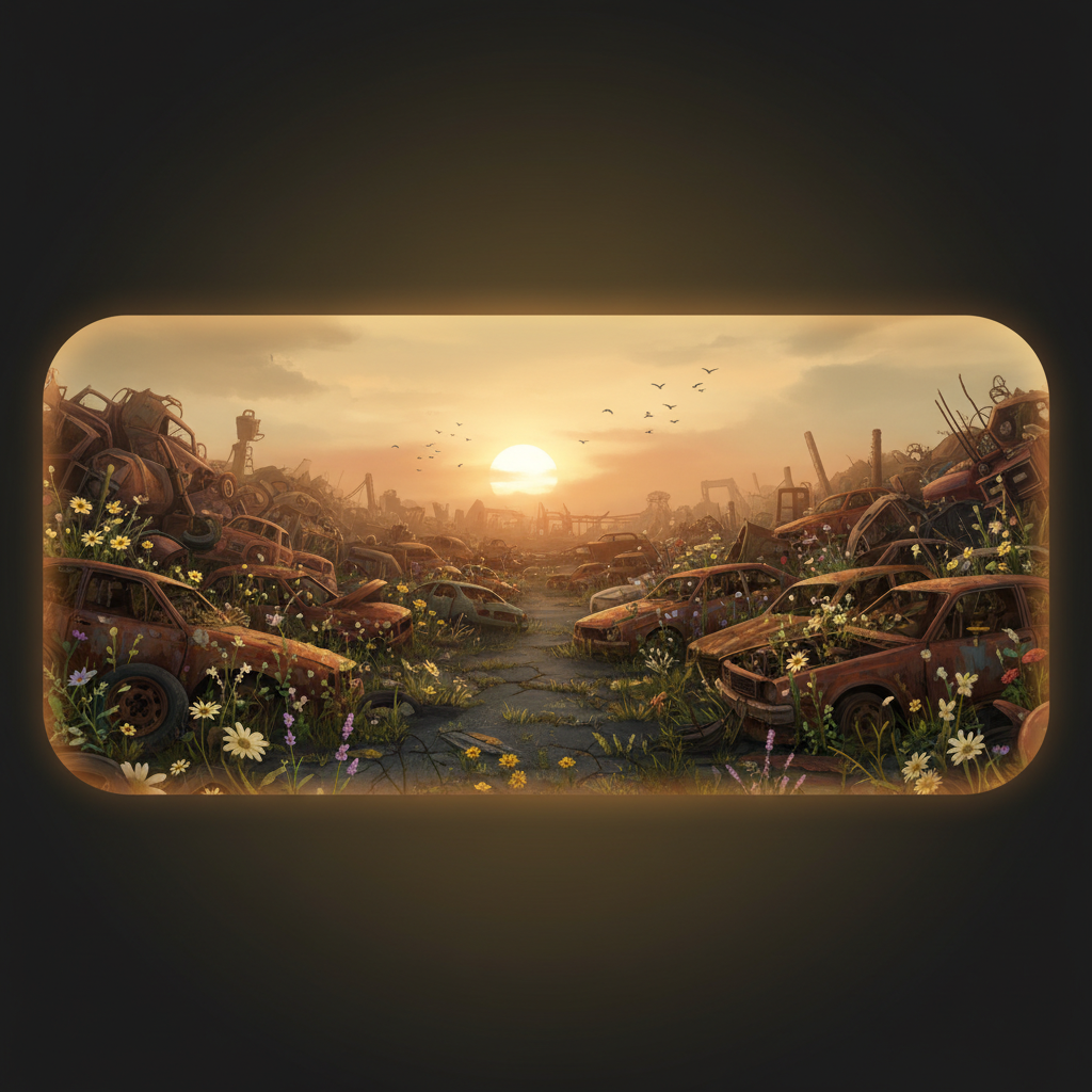 The Wreck Yards location in Rabbit Road: a vast graveyard of rusted vehicles and industrial machinery overgrown with weeds and wildflowers, with a hazy amber horizon visible through gaps in the scrap piles and a flock of birds circling overhead
