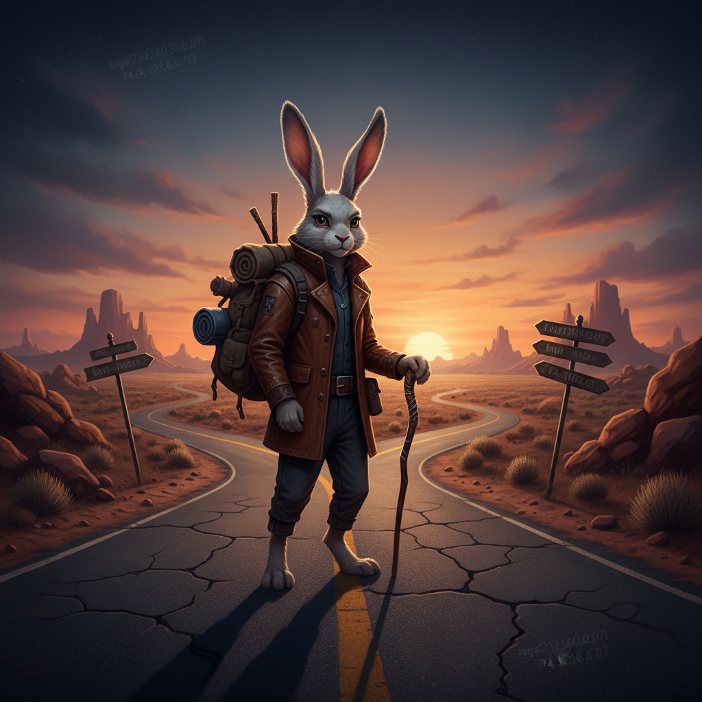 Fen, the rabbit protagonist of Rabbit Road, standing at a crossroads on a cracked desert highway at dusk, wearing a weathered leather jacket and carrying a rucksack, long ears casting shadows on the road