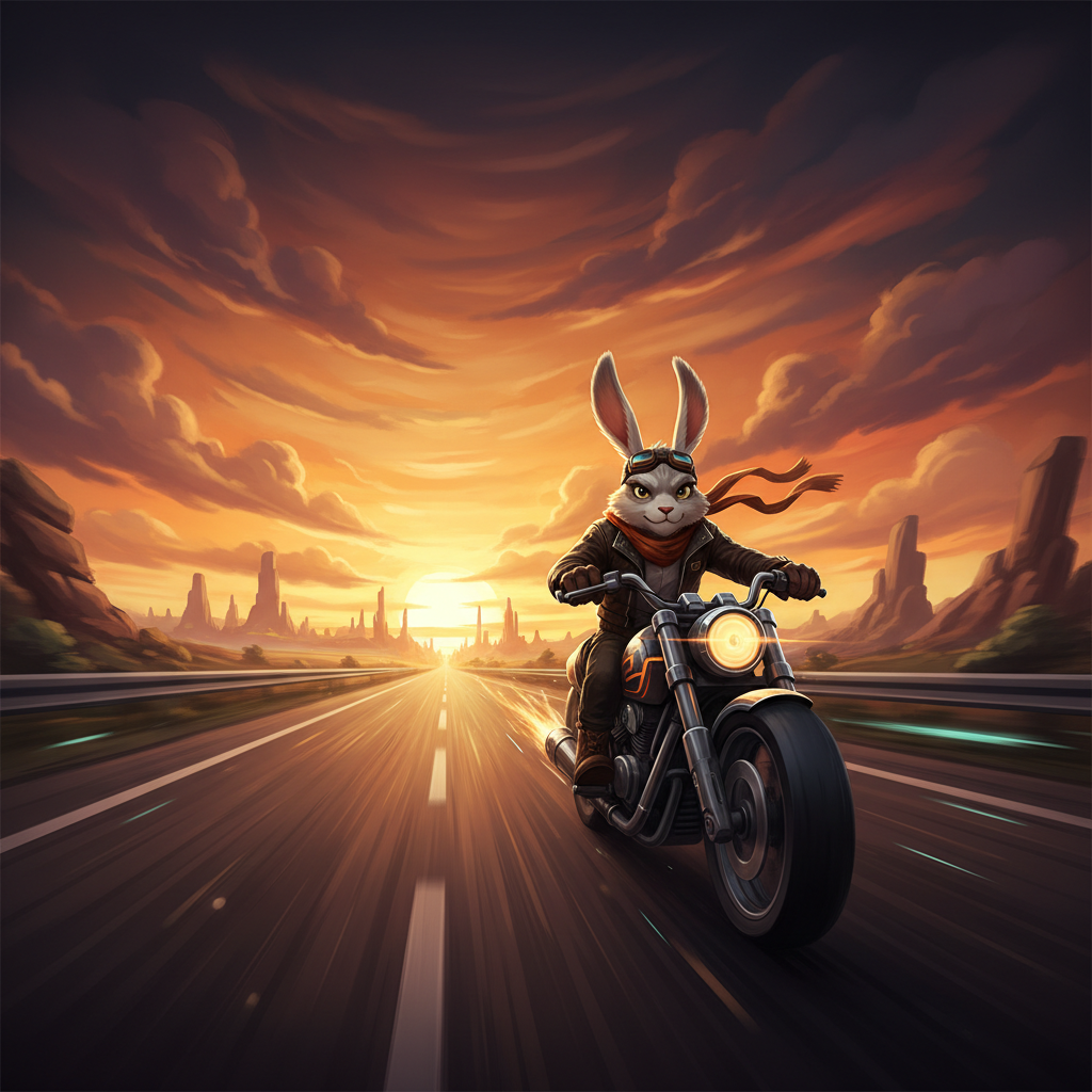 Rabbit Road series card thumbnail showing Fen on a motorcycle-style vehicle racing down an open highway toward a blazing amber horizon, motion blur on the road surface