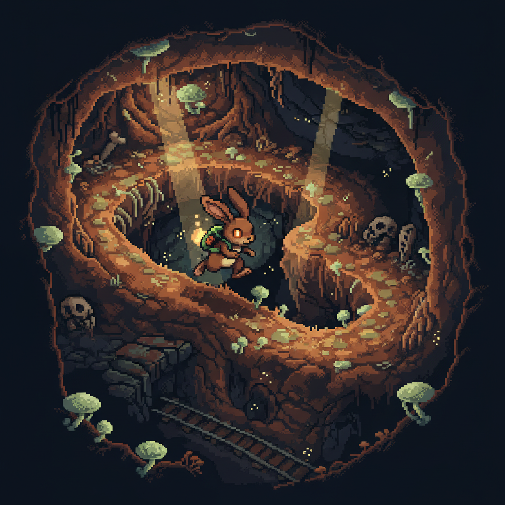 Rabbit: Underground key art showing a small rabbit navigating tight subterranean tunnels lit by bioluminescent fungi, pixel art style with deep shadows and warm amber glow
