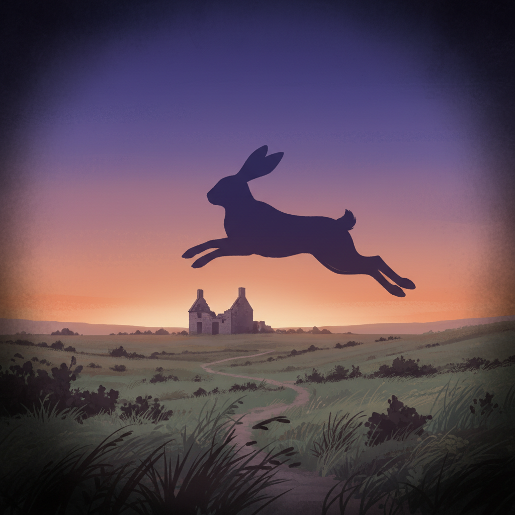 Rabbit: The Heathland key art depicting a rabbit leaping across an expansive windswept field at twilight, silhouetted against a vast purple sky, with a ruined farm in the mid-distance