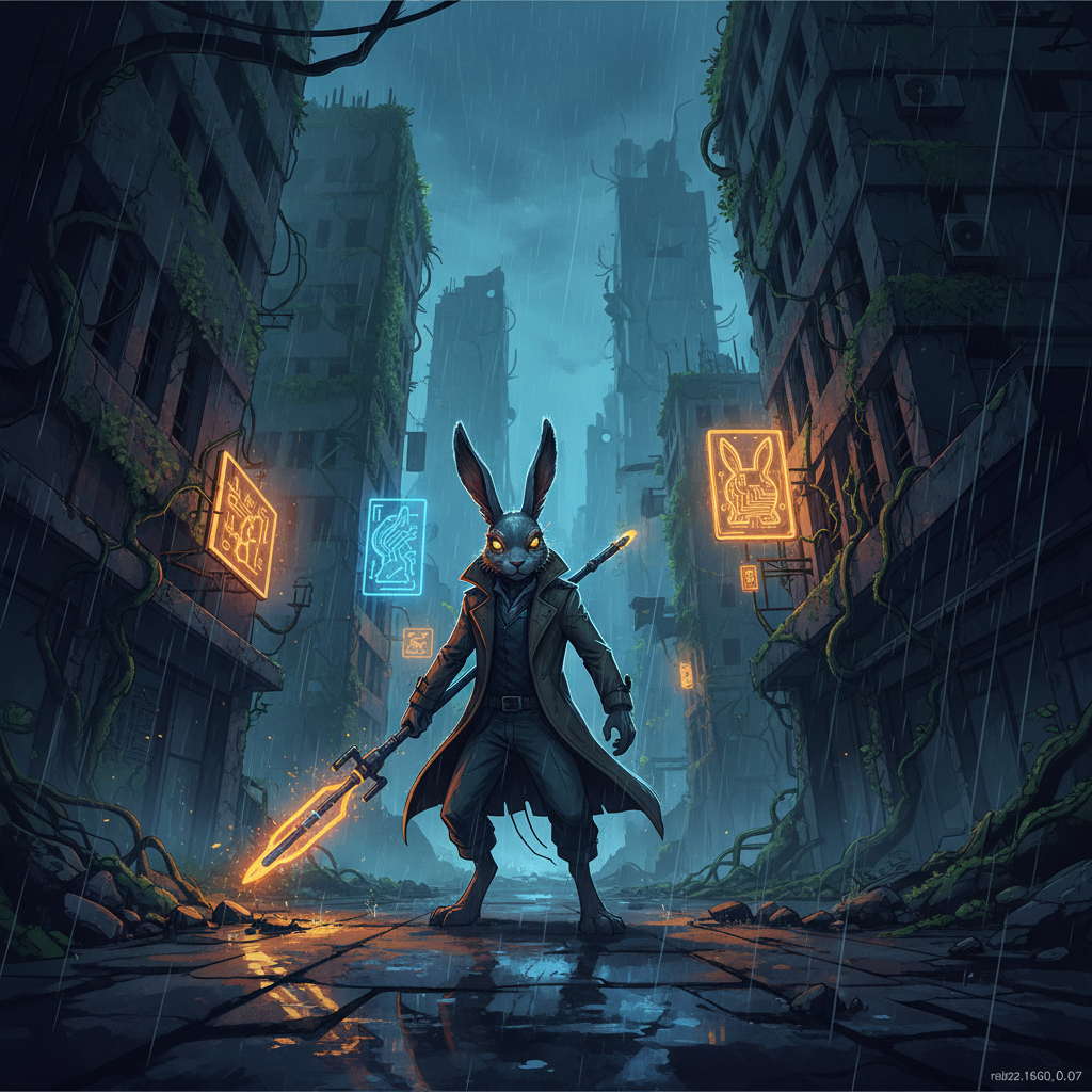 Rabbit: Underhill Rising key art showing Fen navigating a rain-soaked ruined city at night, neon signs reflected in puddles, surrounded by crumbling concrete and overgrown vines